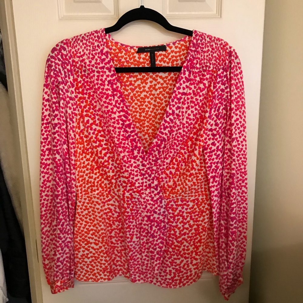 BCBG Heart printed silk blouse with split sleeves